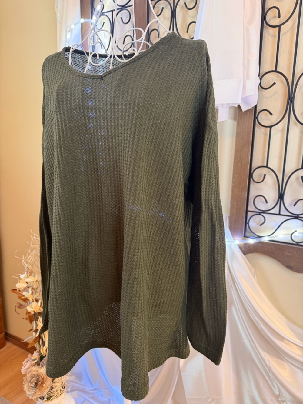 Women’s Olive Green Long Sleeve Waffle Knit Top